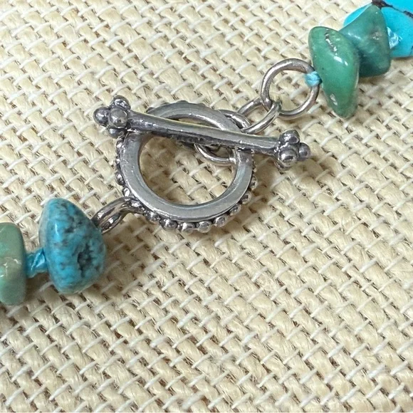 SX 925 Sterling Silver Necklace Turquoise Nugget Hand Knotted Toggle Clasp 82”L